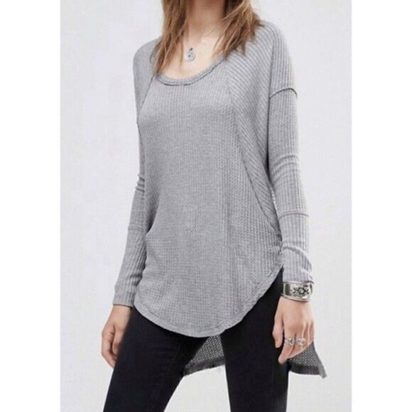 Free People Gray Ventura Raglan Waffle Knit Thermal Top Long Sleeve Size S - Picture 1 of 10
